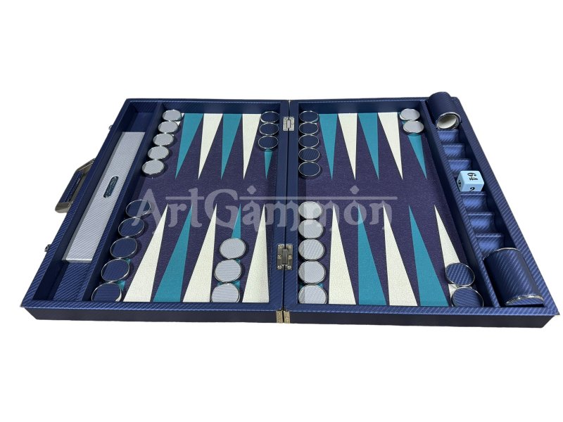 Navy Blue Carbonfiber Look Backgammon Set