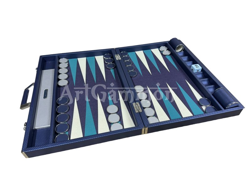 Navy Blue Carbonfiber Look Backgammon Set